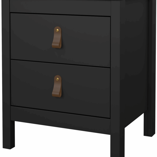 Sengebord/natbord Vesterholm Lunor - mat sort, 2 skuffer, lædergreb, FSC-certificeret, danskproduceret, H54ÃB44ÃD38 cm